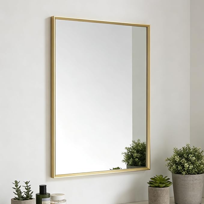 Bathroom Mirror for Wall, 16x24 Inch Metal Framed Mirror, Brushed Gold Rectangle Mirror, Bathroom Vanity Mirror Farmhouse, Tempered Glass, Anti-Rust, Hangs Horizontally or Vertically