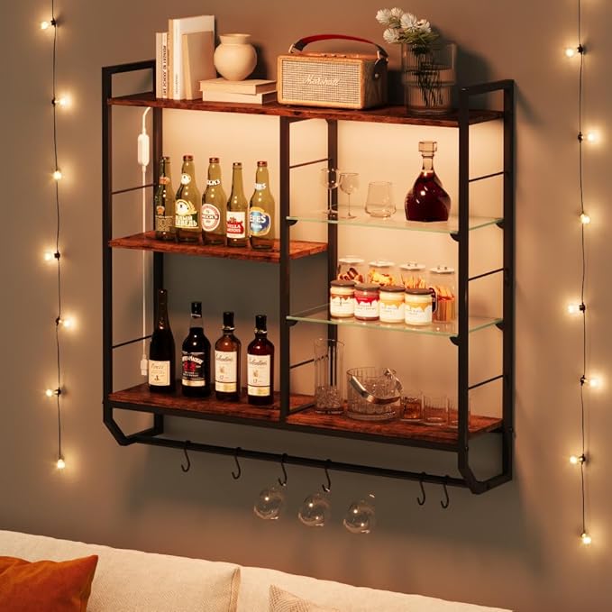 EYCOAL Gaming Floating Shelves, Wall Mounted Wooden Decor Display Shelf with 34" LED Lights and Adjustable Glass Bar Wine Shelf, Extra Hanging Hooks Storage for Gaming Room and Living Room