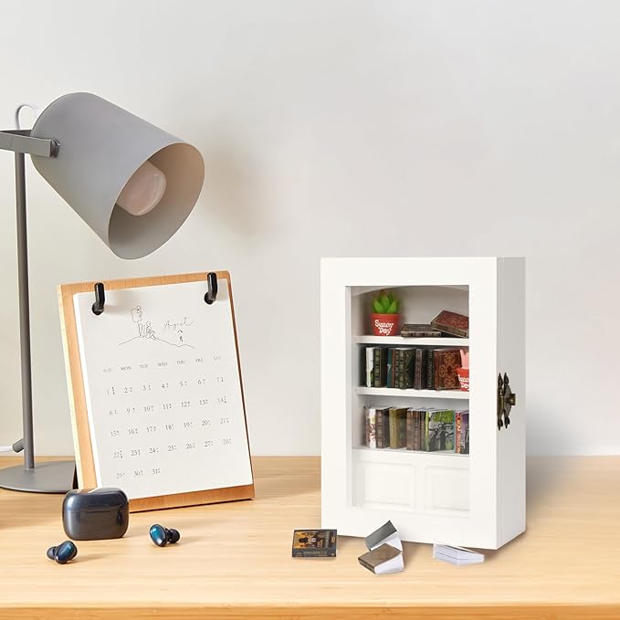 Anxiety Bookshelf with 24 Real Mini Books, Unique Mini Book Shelf, Miniature Library Gifts for Book Lovers, Anxiety Bookshelf for Home Room Office Decor (White)
