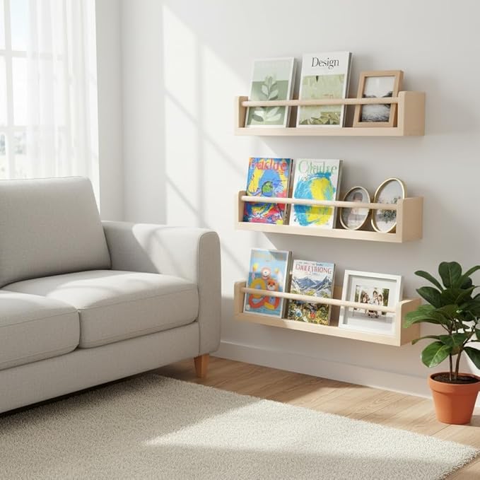 Set of 3 Kids Floating Bookshelves Natural – 24 Inch Wall Mounted Nursery Book Shelves with Safety Rail – Ideal Storage & Display Shelf for Nursery, Bedroom, and Playroom
