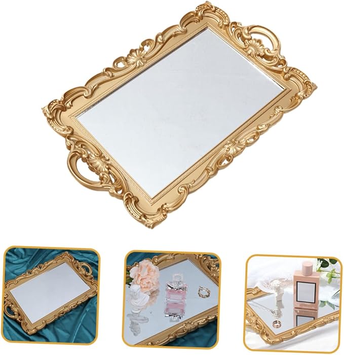 NUOBESTY Vintage Perfume Organizer Tray with Mirror Plate for Dresser Vanity, Decorative Makeup and Jewelry Display Tray for Home Décor and Photo Prop