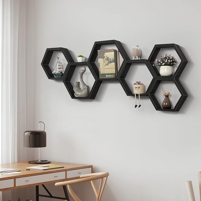 YBING Hexagon Floating Shelves Black Hexagon Shelves for Wall Wood Farmhouse Storage Honeycomb Shelves Set of 6 Hexagon Wall Mounted Home Decor Storage Shelves for Living Room Bedroom Office