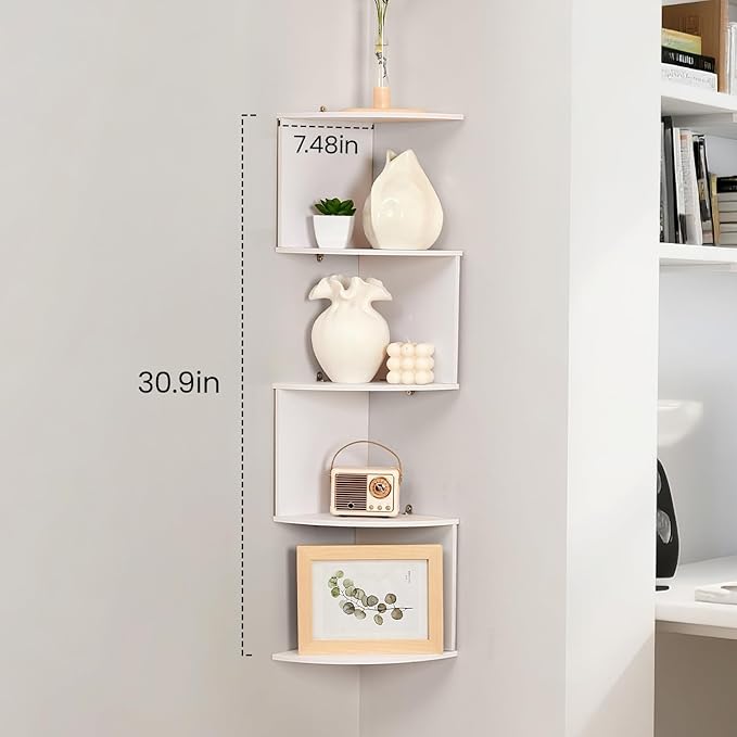 5-Tier Floating Corner Shelf Wall Mount, Heavy Duty Wall Corner Bookshelf, Multi-Purpose Plant Display Shelf for Bedroom Living Room Bathroom Home Office.(White)
