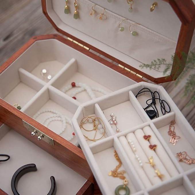 Makeup Organizers Chinese Style Vintage Jewelry Box Wooden 3-Layer Storage Box Cosmetic Box Ring Earring Necklace Bracelet Watch Storage Box 10.11 Inches Jewelry Case