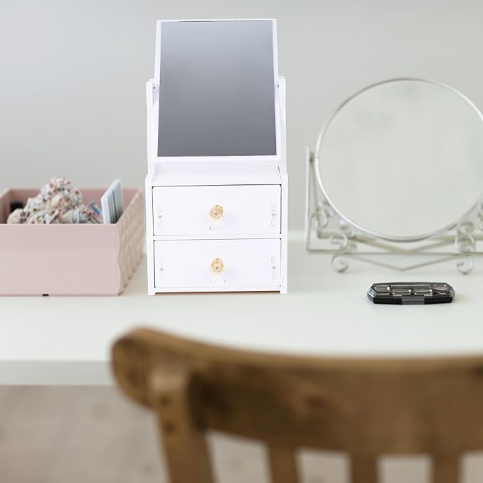 OSALADI Desktop PVC Makeup Mirror with Non-Skid Storage Box and Dual Drawers, Vanity Table Cosmetic Organizer for Bedroom and Travel Use