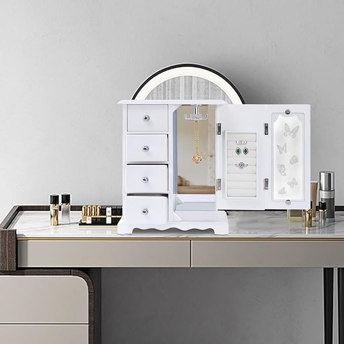 Solid Wooden Jewelry Box, 4-Drawers Makeup and Organizer Women Ring Storage with Built-in Necklace Carousel and Mirror, Solid Jewelry Organizer Wooden Jewelry Box for Women