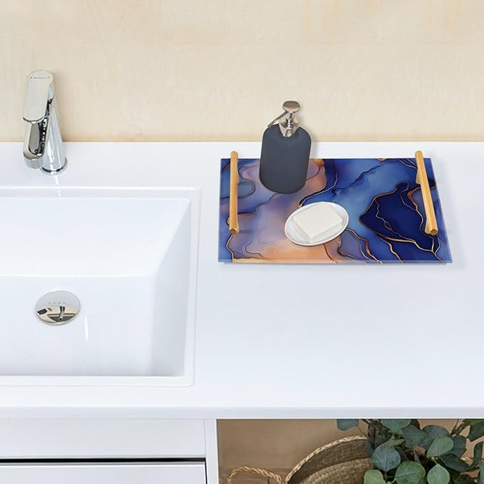 Marble Royal Blue Peach Decorative Rectangular Tray with Handles Trays for Coffee Table for Jewelry Perfume for Modern Serving bandeja para desayuno personalizado