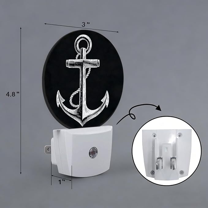 Nautical Anchor Black Night Light Plug Into Wall Auto Led Sleep Round Lamp for Living Room Hallway Stairs