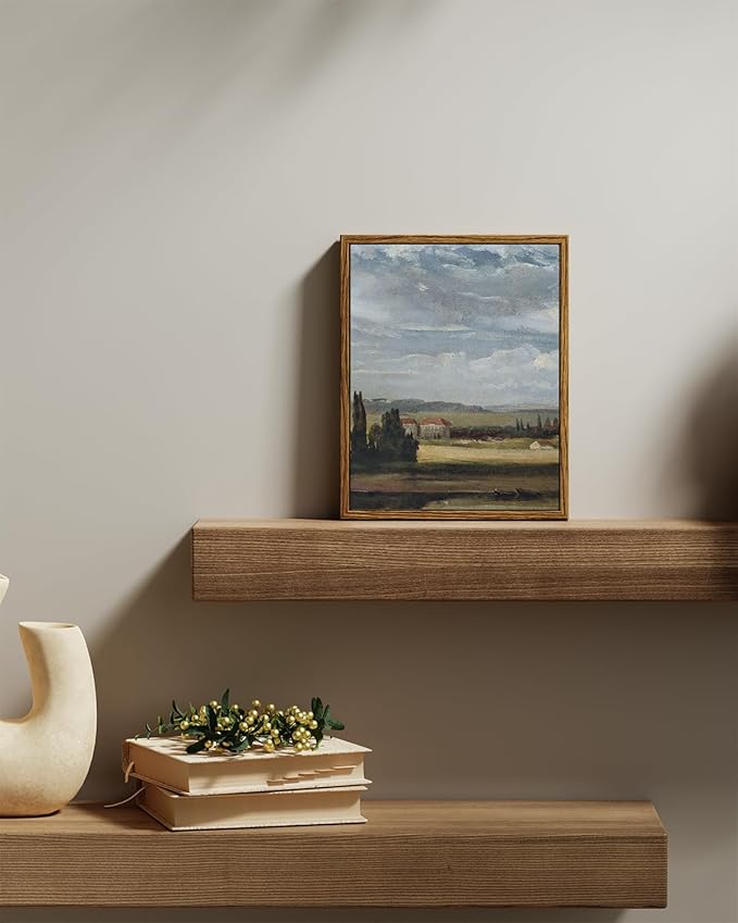 InSimSea Framed Canvas Wall Art, Vintage Landscape Painting, Rustic Nature Scenery Decor for Living Room Shelf Hallway,10x8in, Blue Tones