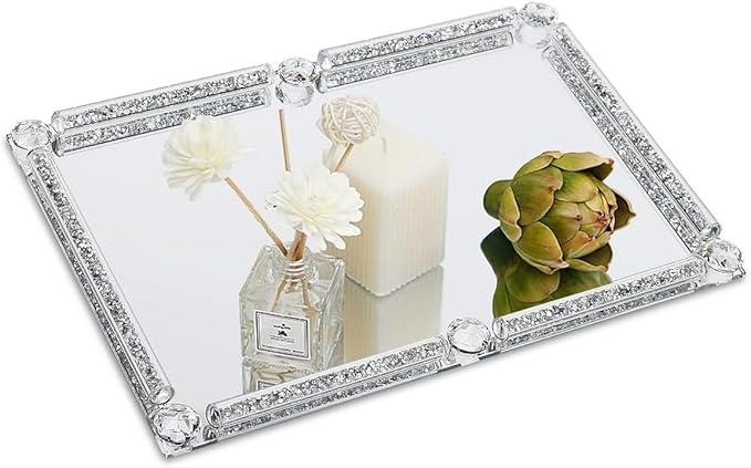 Large Crystal Perfume Tray, 15.7" x 11.8" Silver Glass Mirror Vanity Tray Noble Jewelry Trinket Display Tray for Desser Crushed Diamond Home Decor Cosmetics Makeup Organizer Serving Trays for Party