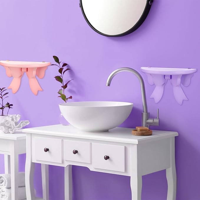 Pinkunn 2 Pcs Bow Floating Shelves Kawaii Shelf Book Stand Farmhouse Rustic Corner Wall Shelf Wooden Bow Tie Rack Princess Room Decor for Nursery Home Bedroom Office Wall Decor(Pink,Purple)