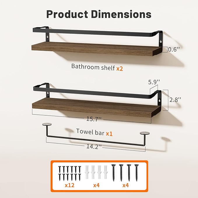 Bathroom Shelves with Towel Bar,Floating Shelves for Bathroom, Kitchen, Bedroom, Paulownia Wood, Matte Black Metal Frame - Set of 2 (Light Brown)