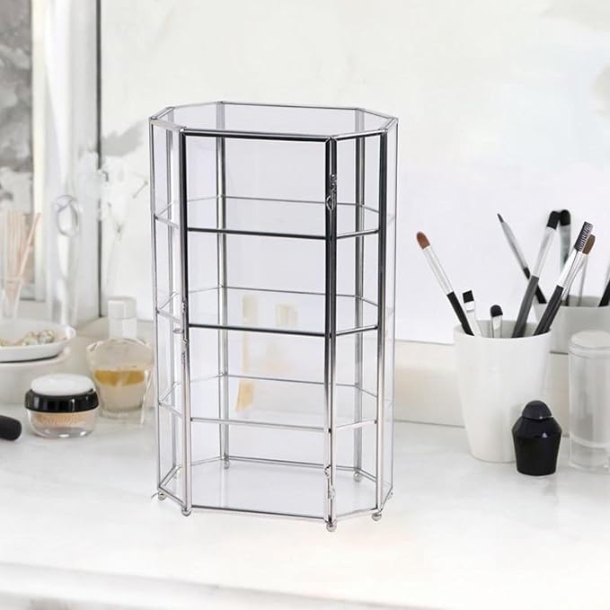 Vaveren Desktop Glass Makeup Storage Box with 4 Layers Trinket Earring Ring Holder Brass Frame Cosmetic Organizer for Bathroom Vanity
