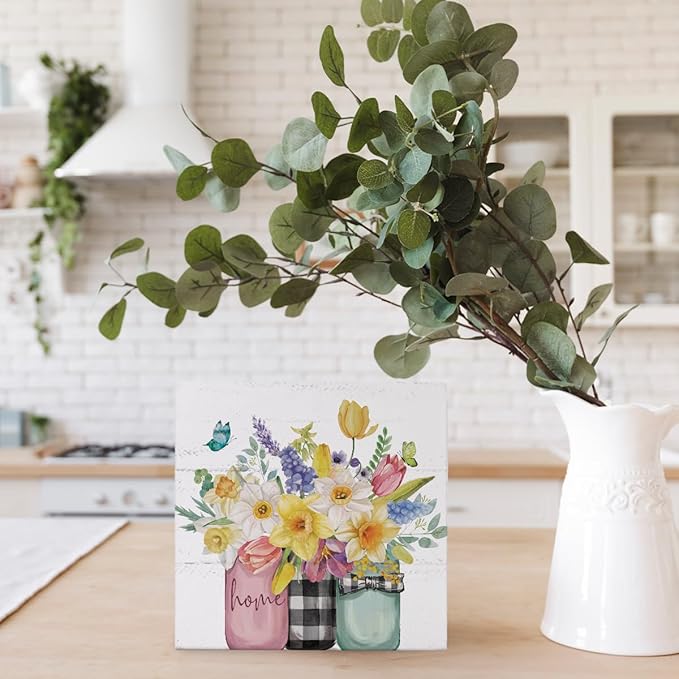 Spring Summer Floral Decor, Home Wooden Sign, Colorful Tulip Flower Decor Wooden Box Sign Decoration for Farmhouse Shelf Table Decoration,Vase with Flowers Prints Sign 5x5