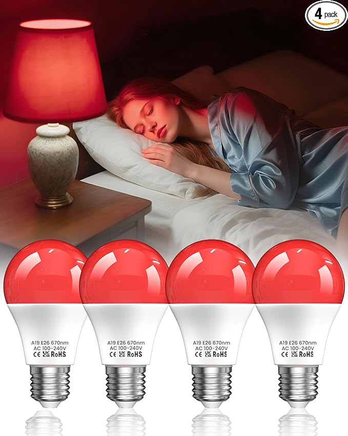 Lustaled 7W 670nm Red Light Bulb for Sleep, 100% Blue Light Blocking Red Night Light Bulbs for Melatonin Promote, A19 E26 50W Equivalent LED Red Bulb for Bedroom Lamp, Baby Nursery, Reading, 4-Pack