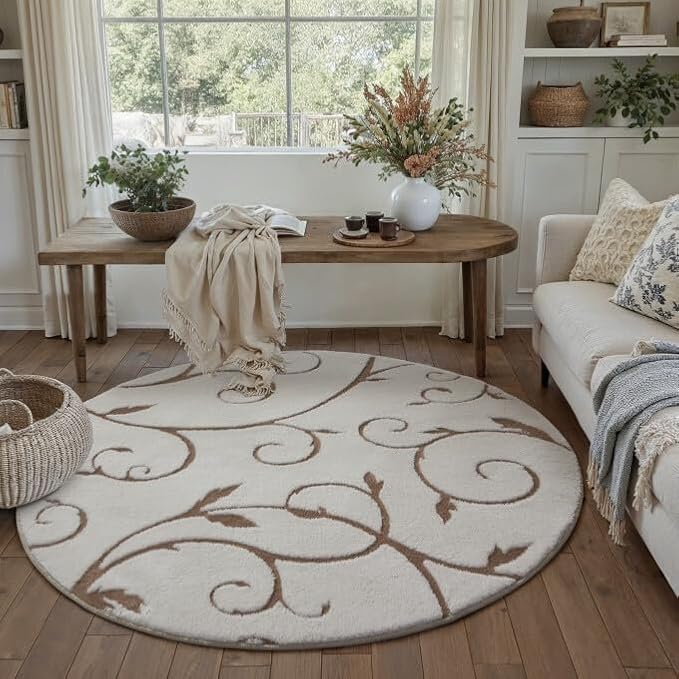 PureCozy Washable Neutral Round 4ft Area Rug Beige Soft Shag Rugs for Kids Room Modern Boho High Pile Non-Shedding Throw Rugs Non Slip Indoor Office Carpet for Playroom Bedroom Living Room