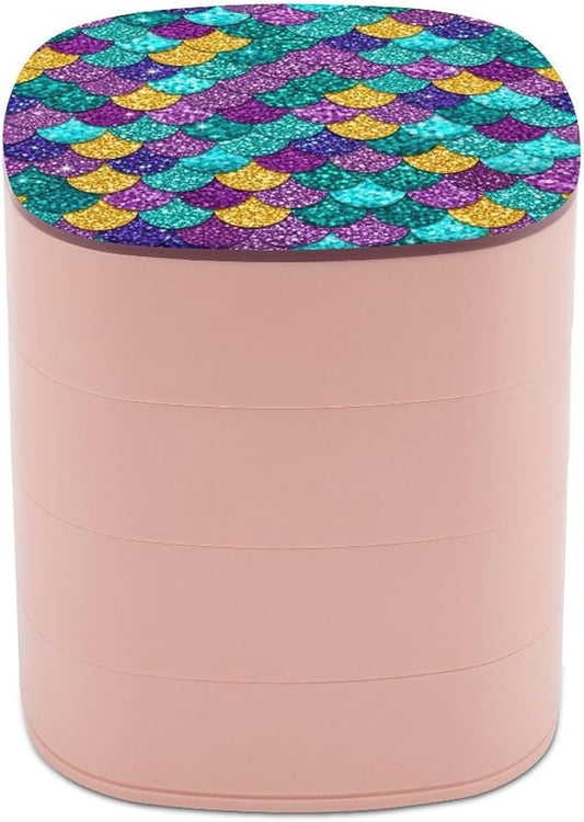 4-Layer Rotating Jewelry Storage Tray with Mirror Colorful Mermaid Fish Scales Jewelry Organizer Earring Holder for Bracelets Rings