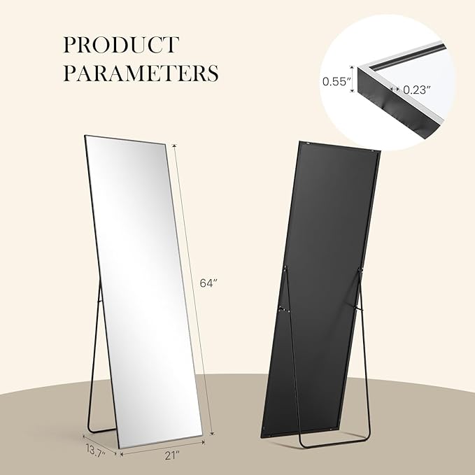 NEWBULIG Full Length Mirror, Full Body Floor Mirror with Aluminum Alloy Thin Frame, Wall or Standing Mirror for Bedroom, Living Room, Dressing Room
