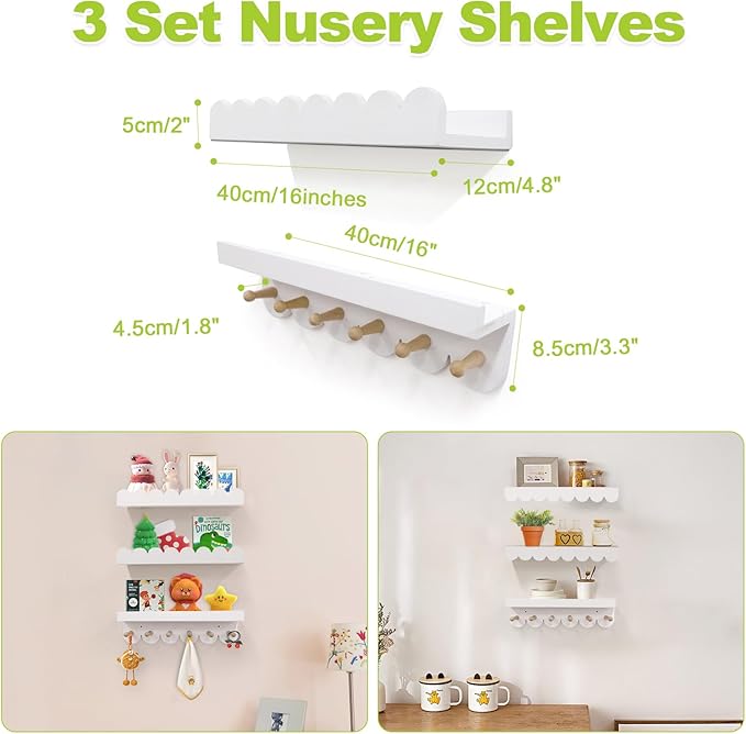 Floating Nursery Book Shelves for Wall, 16'' Wood Book Shelf for Baby Boys Girls Bedroom Bathroom and Décor Storage, Wall Shelf for Books, Plants, Toys, Photo Frames (White-Wooden Pegs, 3 Pack)