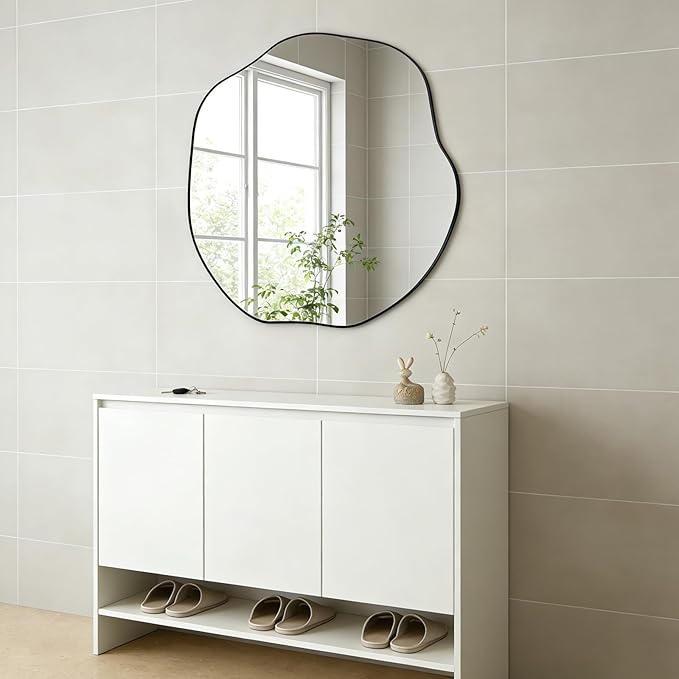 POZINO Irregular Mirror, 30" Large Asymmetrical Wall Mirrors, Scalloped Rounded Mirror, Modern Frameless Abstract Mirrors for Living Room Bedroom Bathroom Entryway Hallway Fireplace