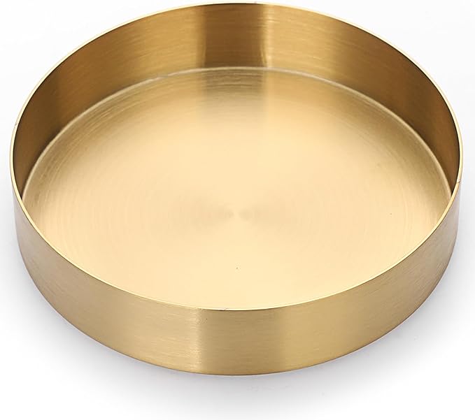 Hipiwe Small Key Bowl for Entryway Table, 5.5" Round Gold Stainless Steel Tray Vintage Jewelry Dish Metal Decorative Tray Makeup Organizer for Key Vanity Perfume Trinket Candle Plate