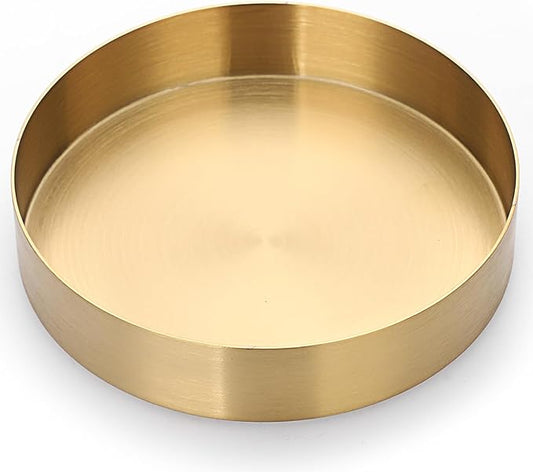 Hipiwe Small Key Bowl for Entryway Table, 5.5" Round Gold Stainless Steel Tray Vintage Jewelry Dish Metal Decorative Tray Makeup Organizer for Key Vanity Perfume Trinket Candle Plate