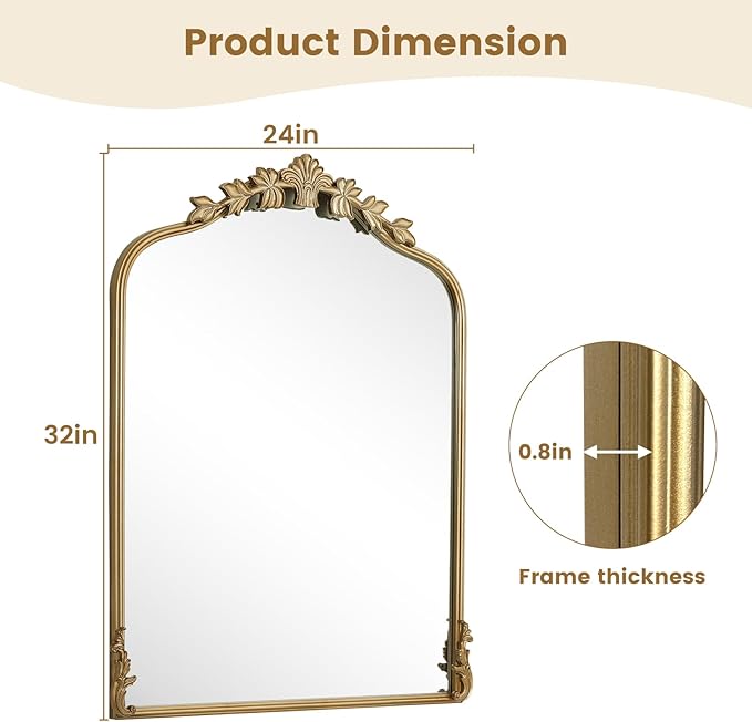 WallBeyond Gold Antique Mirror for Vanity 24x32 Inch, Gold Vintage Mirror with Ornate Frame, Arched Vintage Wall for Bathroom, Living Room, Fireplace