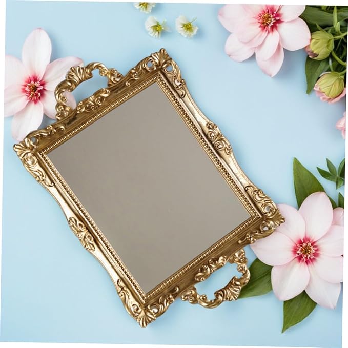 NUOBESTY Vintage Carved Mirror Tray Resin Decorative Plate Nordic Style Wedding Storage Tray Golden Retro Makeup Organizer for Bedroom Vanity Home Decor