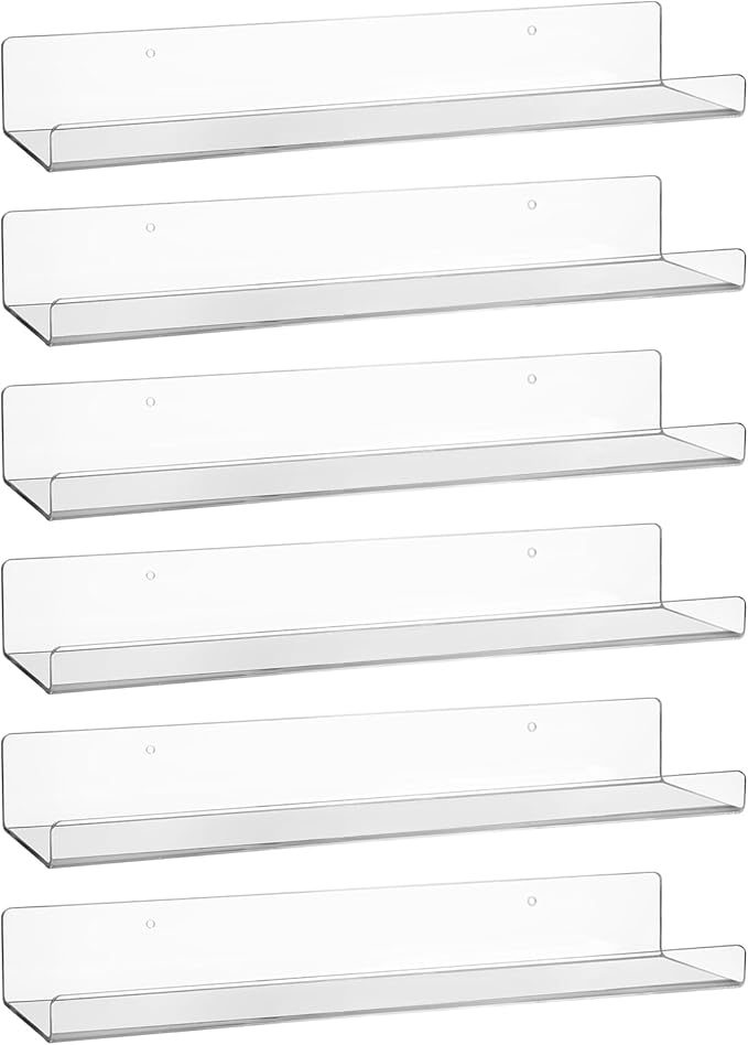 AMEITECH Acrylic Floating Shelves for Wall 6 Pack, 15" Acrylic Shelves for Room Decor, Book Shelf for Kids, Clear Hanging Display Shelf Organizer for Kitchen, Bedroom, Bathroon Organizers and Storage