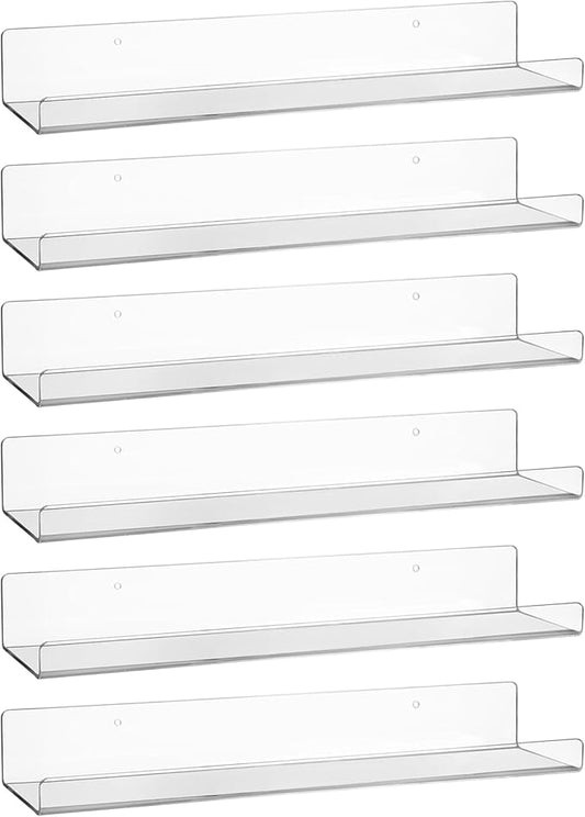 AMEITECH Acrylic Floating Shelves for Wall 6 Pack, 15" Acrylic Shelves for Room Decor, Book Shelf for Kids, Clear Hanging Display Shelf Organizer for Kitchen, Bedroom, Bathroon Organizers and Storage