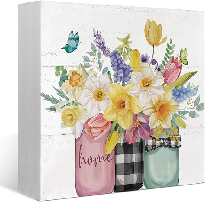 Spring Summer Floral Decor, Home Wooden Sign, Colorful Tulip Flower Decor Wooden Box Sign Decoration for Farmhouse Shelf Table Decoration,Vase with Flowers Prints Sign 5x5