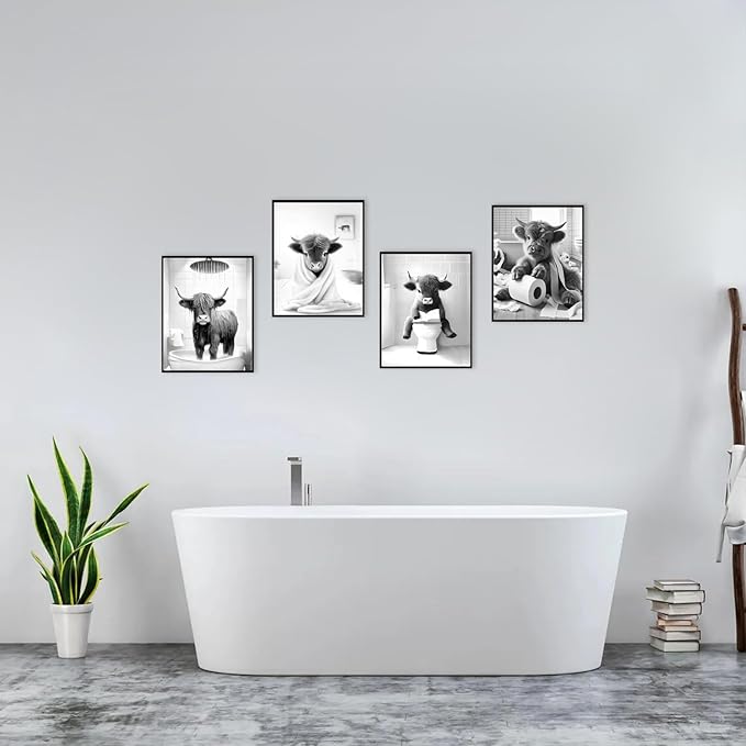 Western Cow Bathroom Decor Wall Art,Funny Highland Cow Wall Art in Restroom,Black and White Wall Decor,Highland Cow Canvas Art Prints,Rustic Retro Bathroom Wall Decor Humor Animals Artwork Prints,11x14inchx4pcs,Unframed