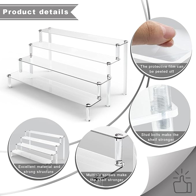 KALYLOC 2Pcs Acrylic Riser Shelf Display Stand, 4 Tier Clear Display Shelf Action Figures Holder, Collectibles Shelf for Toys Cupcakes Dessert Jewels Figurines(15.7x10.5x7.5inch)