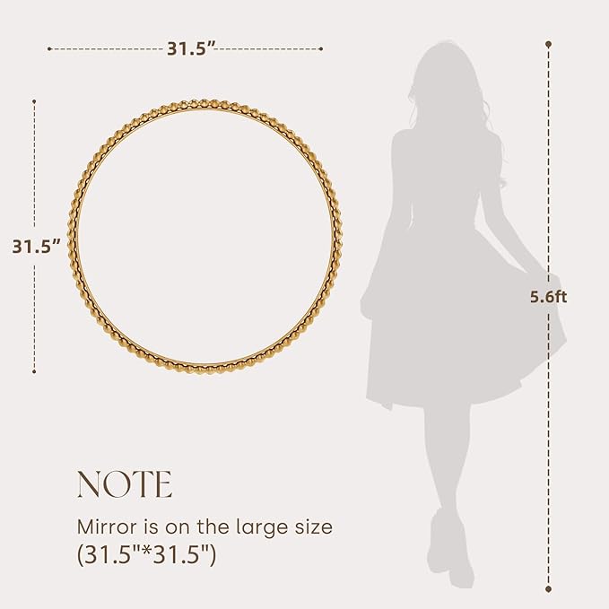 Uniclinens Gold Round Beaded Wall Mirror - Large 31.5" Vintage Mirror Wall Decor with Metal Frame, Ideal for Entryway, Fireplace, Living Room, Hallway, Bathroom
