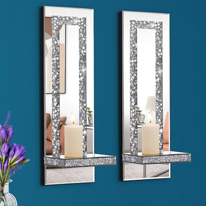 Aeveco Crystal Crush Diamond Mirrored Candle Sconces, Silver Wall Candle holder set of 2, Wall decorations for Living Room，Dining Room (Rectangle Stripe (style 4))
