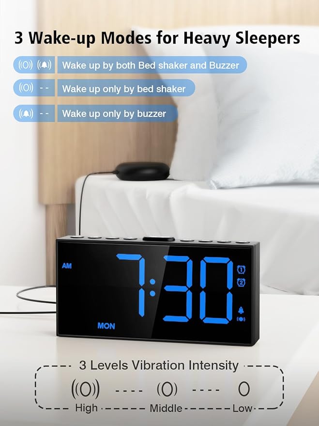 Vibrating Alarm Clock for Heavy Sleepers – Loud Bed Shaker, Dual Alarms with Weekday/Weekend Mode, 3 Vibration Levels, 5-Volume & Dimmer, Large Display, USB + Battery Backup – Deaf & Hearing-Impaired