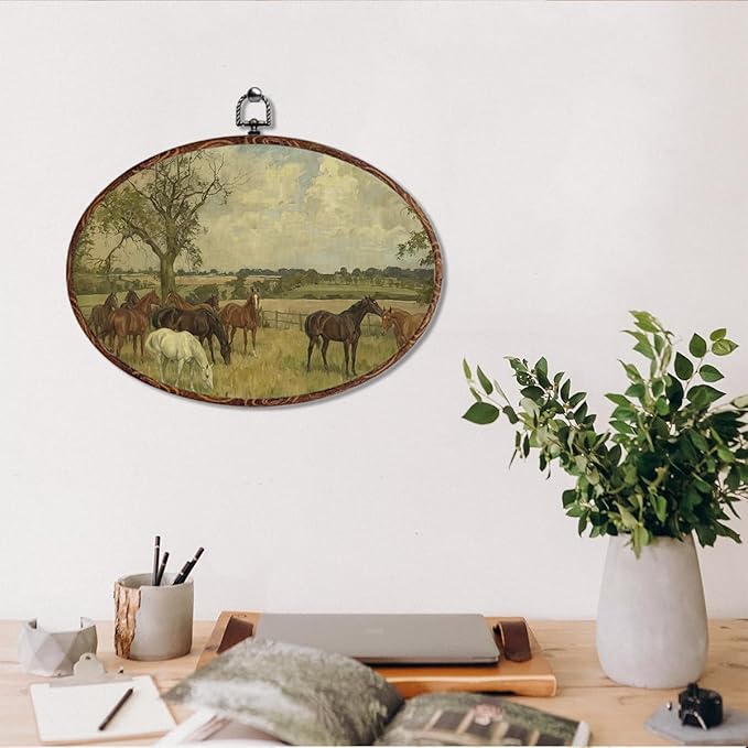 Vintage Horse Oval Framed Wall Art, Nature Landscape Picture Canvas Art Painting Wall Decor, Rustic Cottagecore Hanging Decor Print Artwork for Home Bathroom Living Room Bedroom Farmhouse 12X8.3