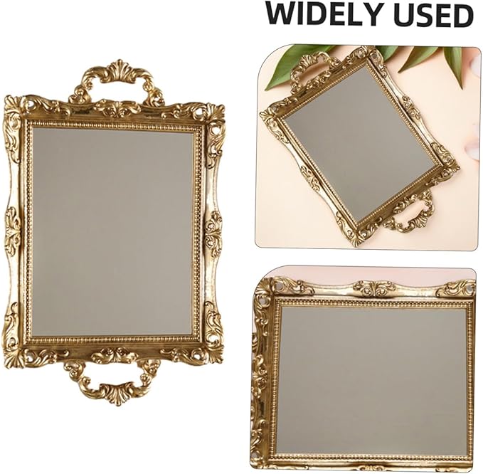 Healeved Nordic Style Golden Mirror Tray Vintage Carved Resin Decorative Storage Plate Wedding Dessert Table Makeup Organizer