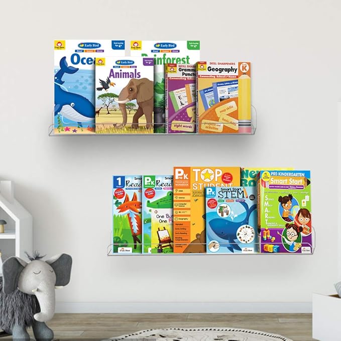 Weiai Clear Acrylic Shelf 15" Invisible Floating Wall Ledge Bookshelf, Kids Book Display Shelves Wall Mounted (15 Inch 6Pack)