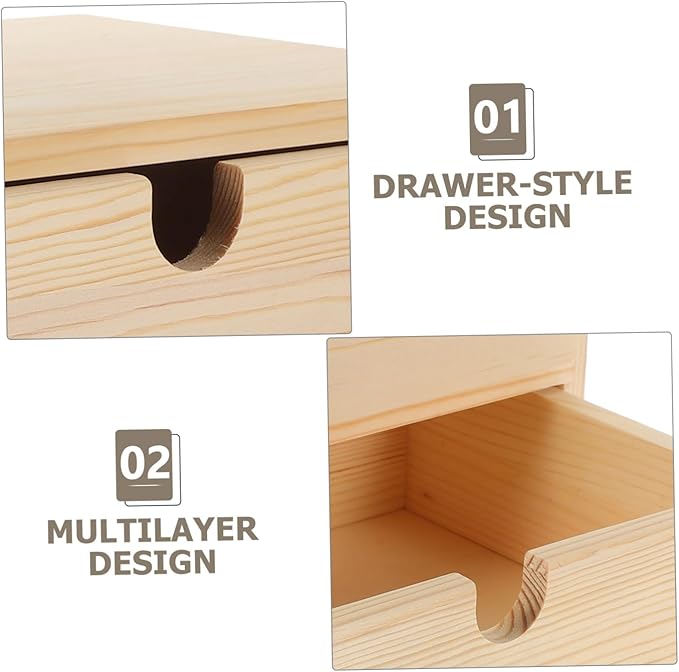 Happyyami Jewelry Drawer Storage Box 2-Tier Wooden Desktop Organizer Vintage Natural Wood for Office and Home Use Versatile Storage for Cosmetics and Stationery