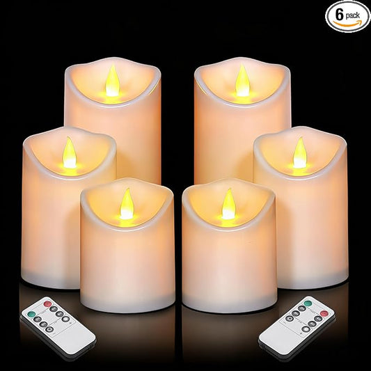 Artmarry Flameless Candles 4" 5" 6" Outdoor Indoor Pillars Battery Operated Flickering Candles Include 8-Key Remote Timer 400+ Hours by 2 AA Batteries (White Candle - Warm Light, 6 Pack)