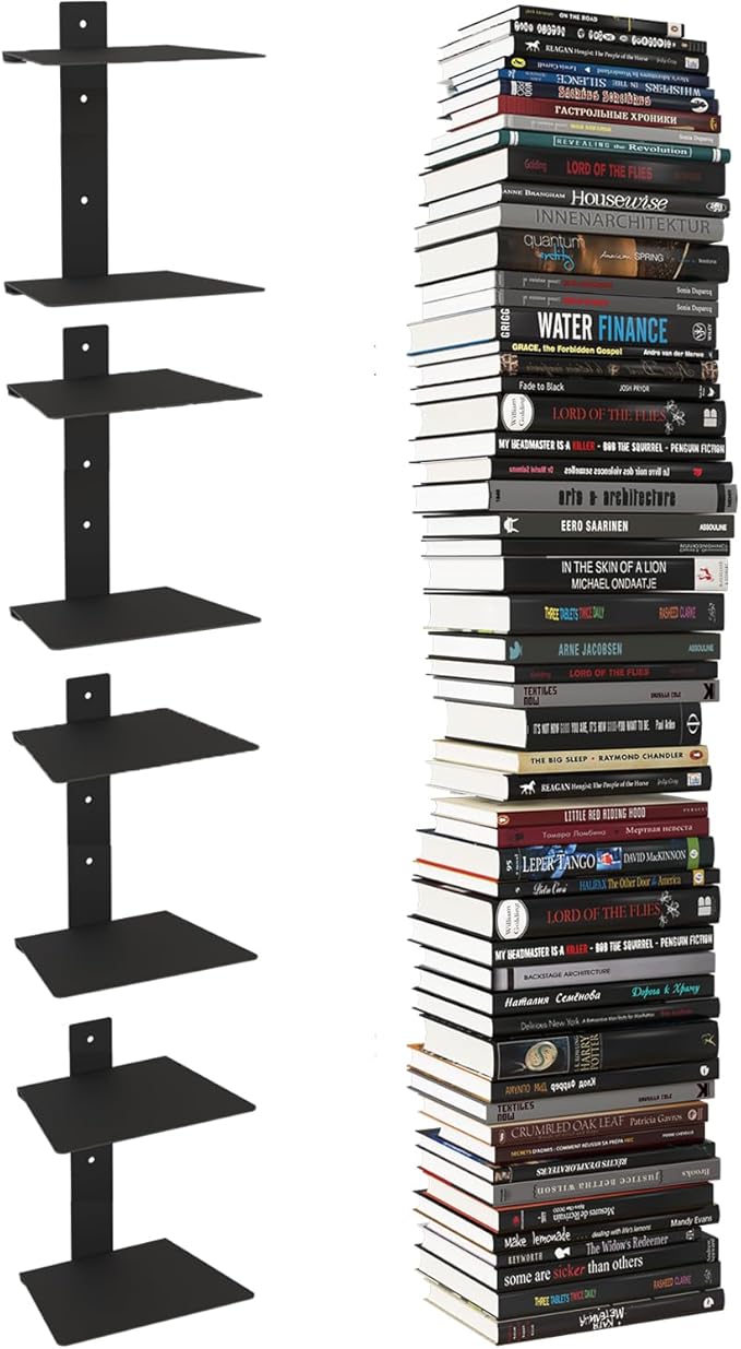 Wawocs Invisible Bookshelf for Wall, 8 Tier Floating Bookshelf Made of Heavy Duty Metal, Vertical Spine Book Tower Hanging Wall Bookshelf, Floating Book Shelves for Wall, 4 Pack Black