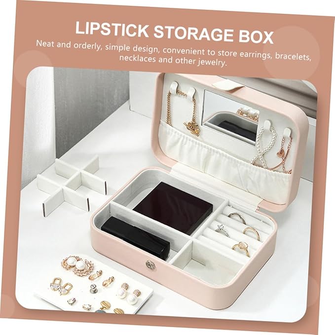 Healeved Portable Jewelry Box with Mirror, Pu Pink Necklace and Earring Holder, Rings Organizer and Cosmetics Storage Case for Women Travel and Daily Use