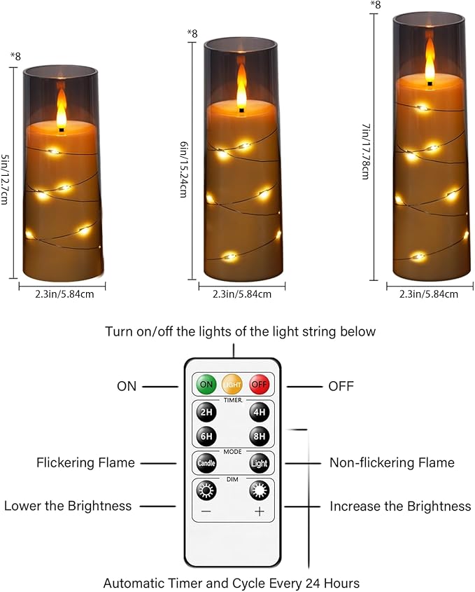 Nimiko Flickering Flameless LED Candles,Battery Operated Candles 24 Pcs with Embedded Star String,Acrylic LED Pillar Candles with Remote,Suitable for Home Decoration to Create an Atmosphere (Grey)