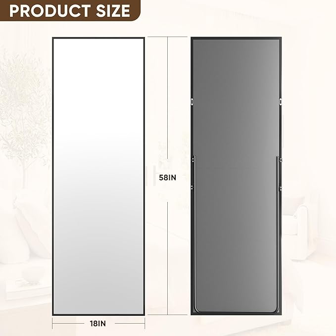Antok Full Length Mirror, 58"x18" Floor Mirror with Stand, Hanging Mounted Mirrors for Bedroom, Living Room, Cloakroom, Dining Room, Black, Rect