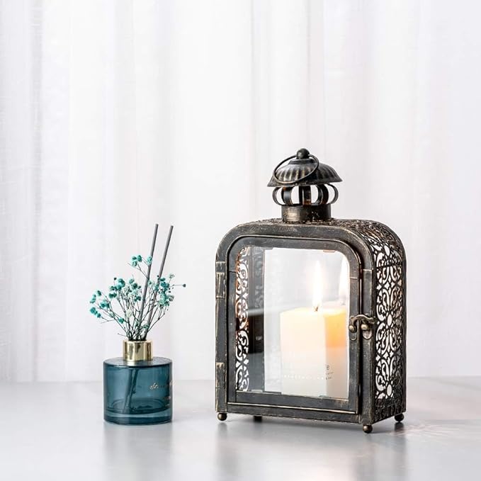 DECORKEY Candle Lantern Decorative Indoor & Outdoor, Vintage Metal Lanterns with Clear Glass, Tabletop&Hanging Candle Holders for Patio Front Porch Home Decor, Christmas Decorations (Bronze)