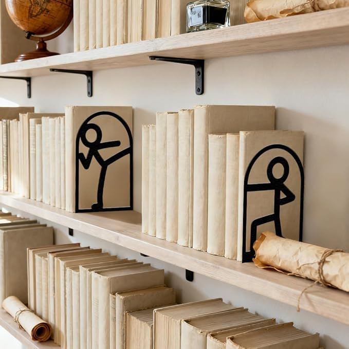 Peacoblue Metal Bookends for Shelves, Modern Decorative Heavy Duty Study Book Ends Stoppers for Office, Desk, Shelf, Room 5.3"x4.3"x7.9" Cast Iron Simple Tall Bookends 1 Pair (Stickman)