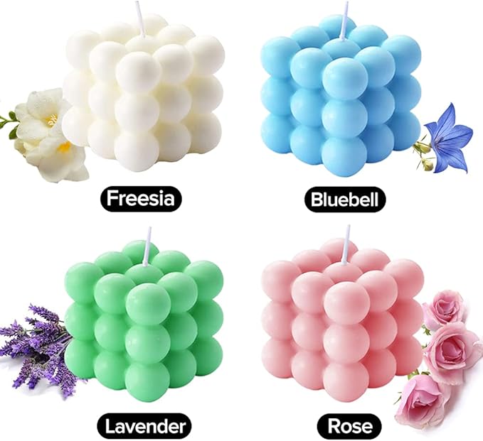 Scented Bubble Cube Candles Gifts Set for Women, Home Decor Scented, 4 Pack 5.4 oz Soy Wax Aromatherapy Candles, Room Aesthetic Bedroom Decoration Gifts, White, Blue, Pink, Green