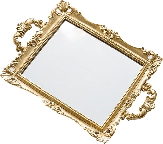 BESPORTBLE Vintage Carved Mirror Tray Nordic Style Retro Gold Resin Decorative Storage Plate for Makeup Perfume Vanity Table Organizer
