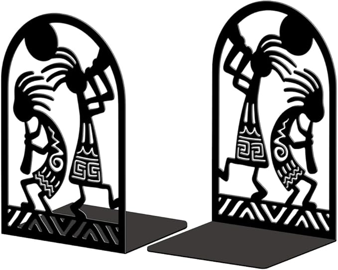Peacoblue Metal Bookends for Shelves, Modern Decorative Heavy Duty Study Book Ends Stoppers for Office, Desk, Shelf, Room 5.3"x4.3"x7.9" Cast Iron Tall Bookends 1 Pair (Kokopelli Tribal-Flute Player)